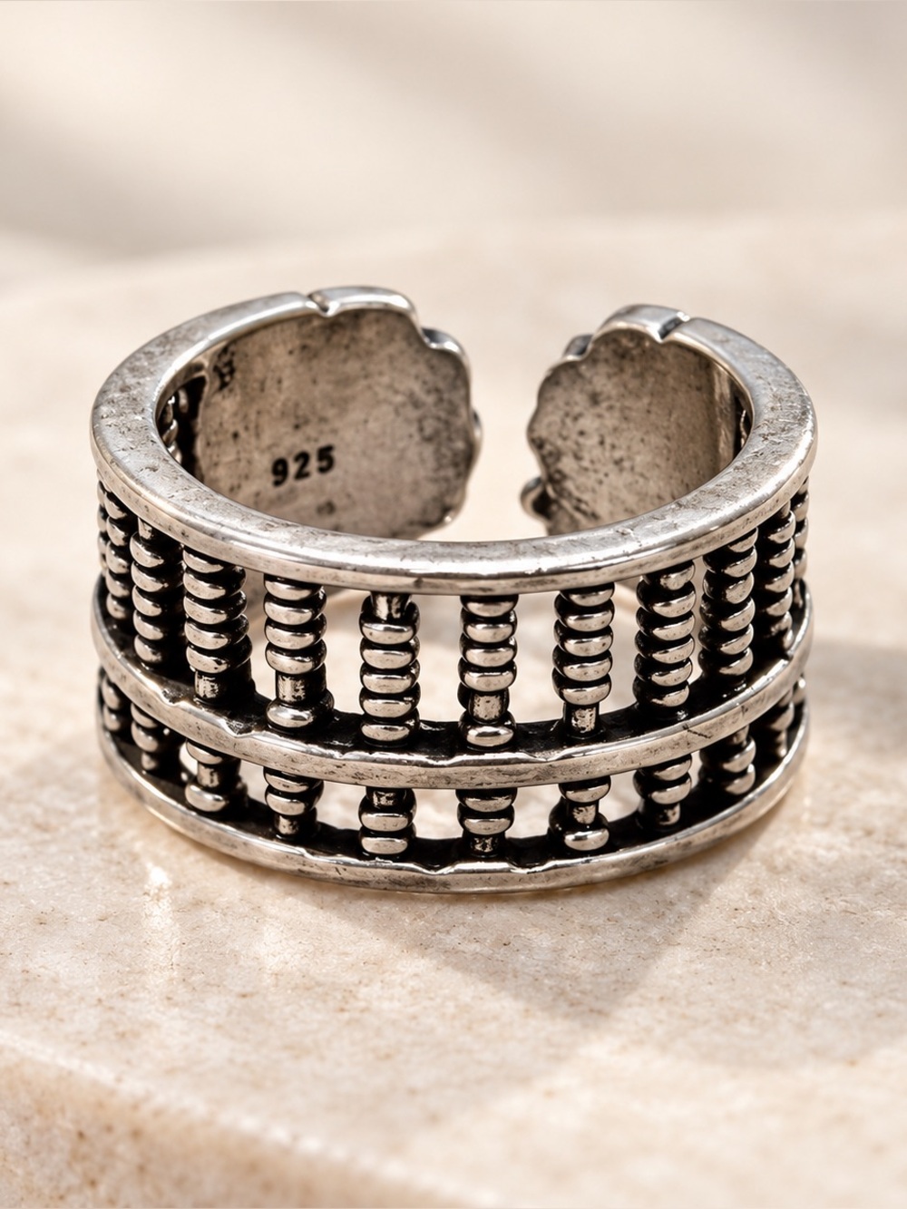 925 Sterling Silver Openwork Statement Ring – Adjustable Size 7.5